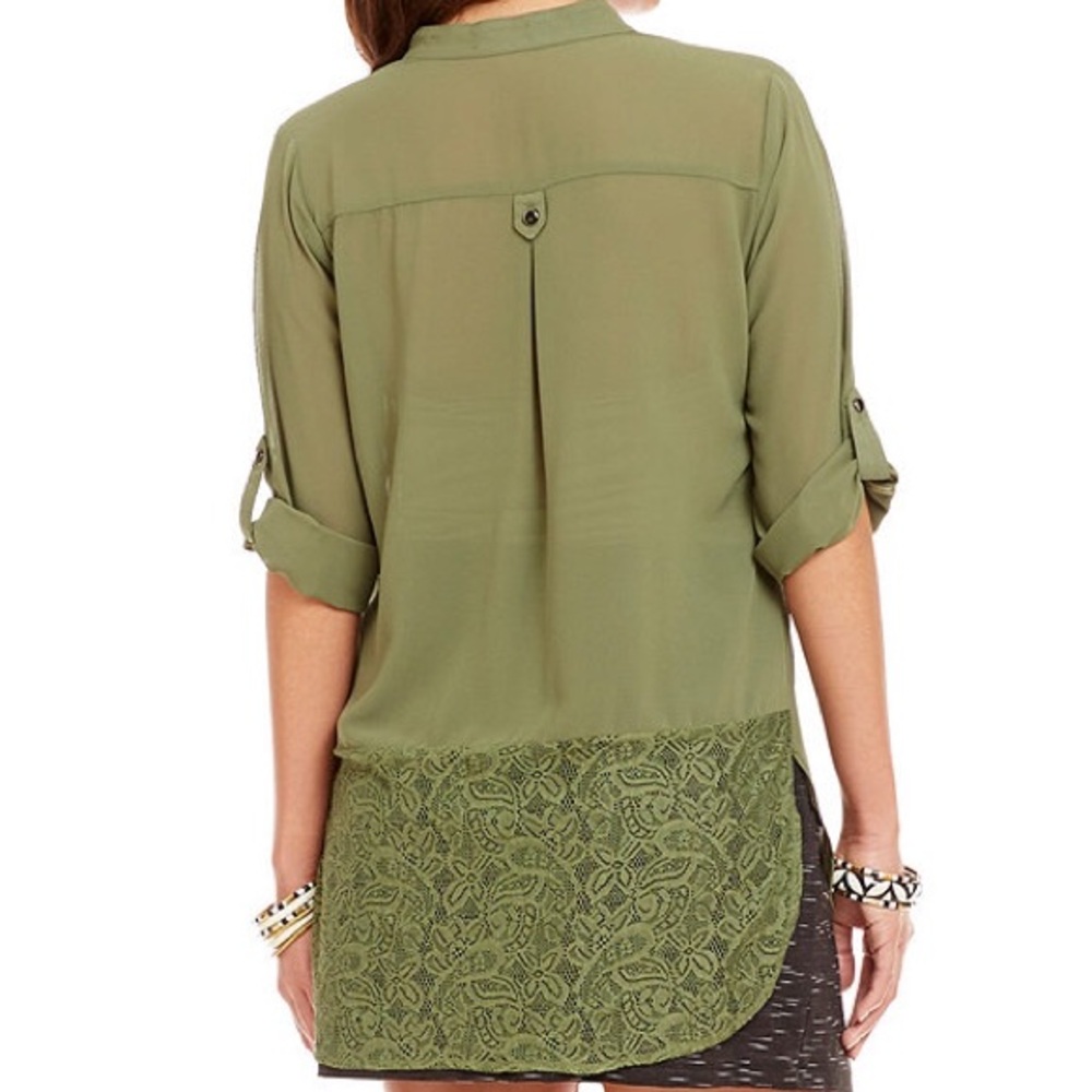 Military Olive Green Rolled Tab Sleeve Top